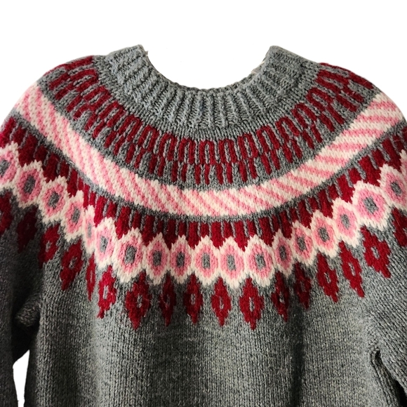 Vintage Handmade Fair Isle Sweater Women M-L Cottagecore Pullover 90s Gray Red - Picture 3 of 5